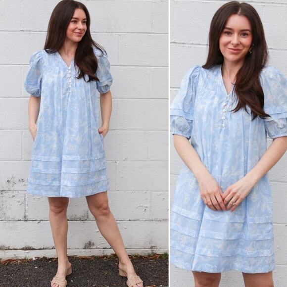 J. Marie Sky Print Swing Mini Dress Puffed Sleeves Sky Print Women's Small - Picture 3 of 14